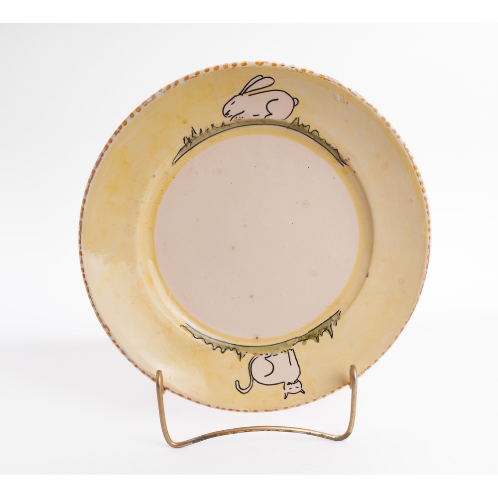 Vintage Lamas Italian Pottery Dinner Plate Bunny Cat Border 9.5" Hand Painted
